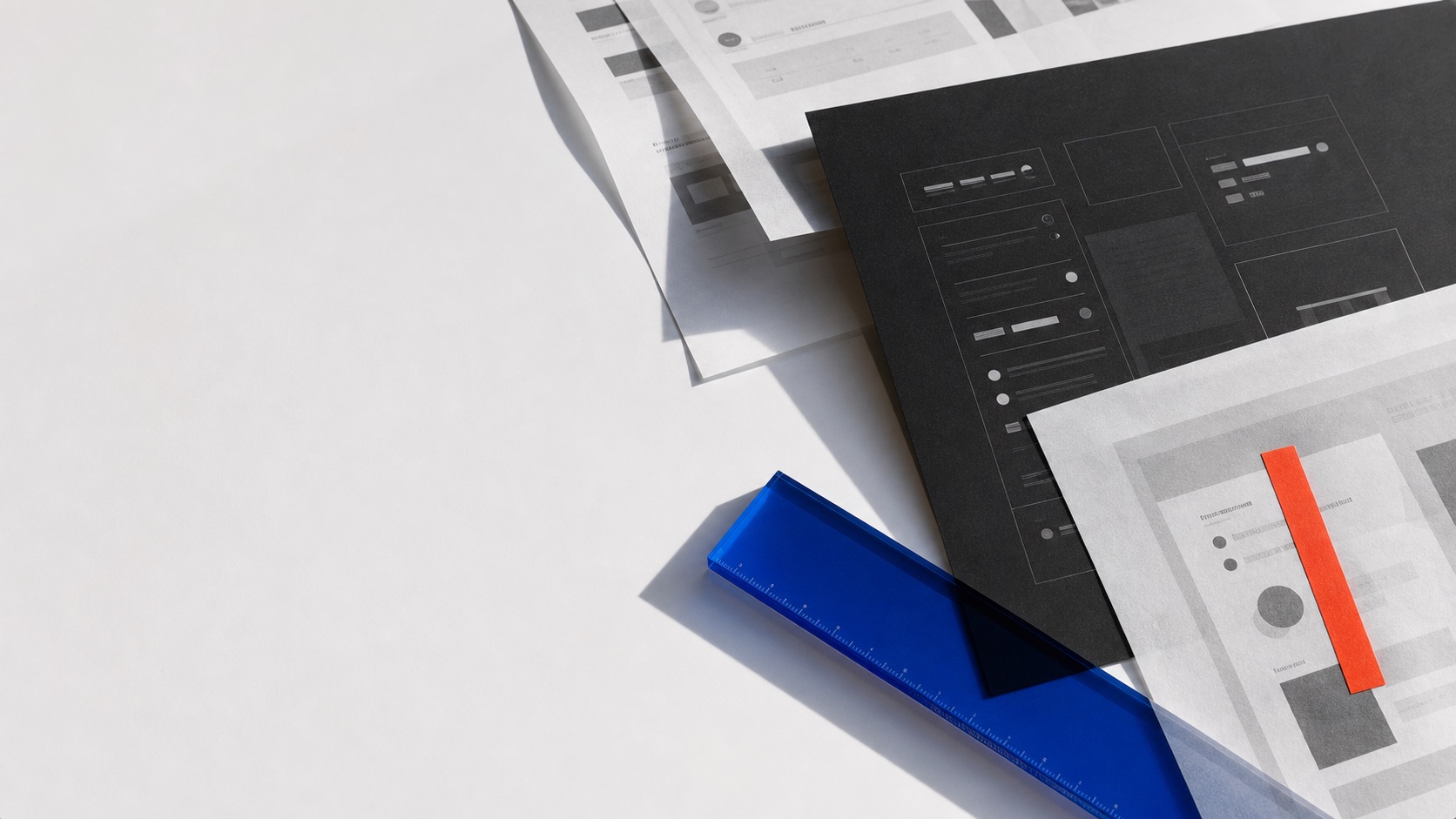 Layered interface proofs, translucent paper, a cobalt ruler, and a vermilion annotation strip